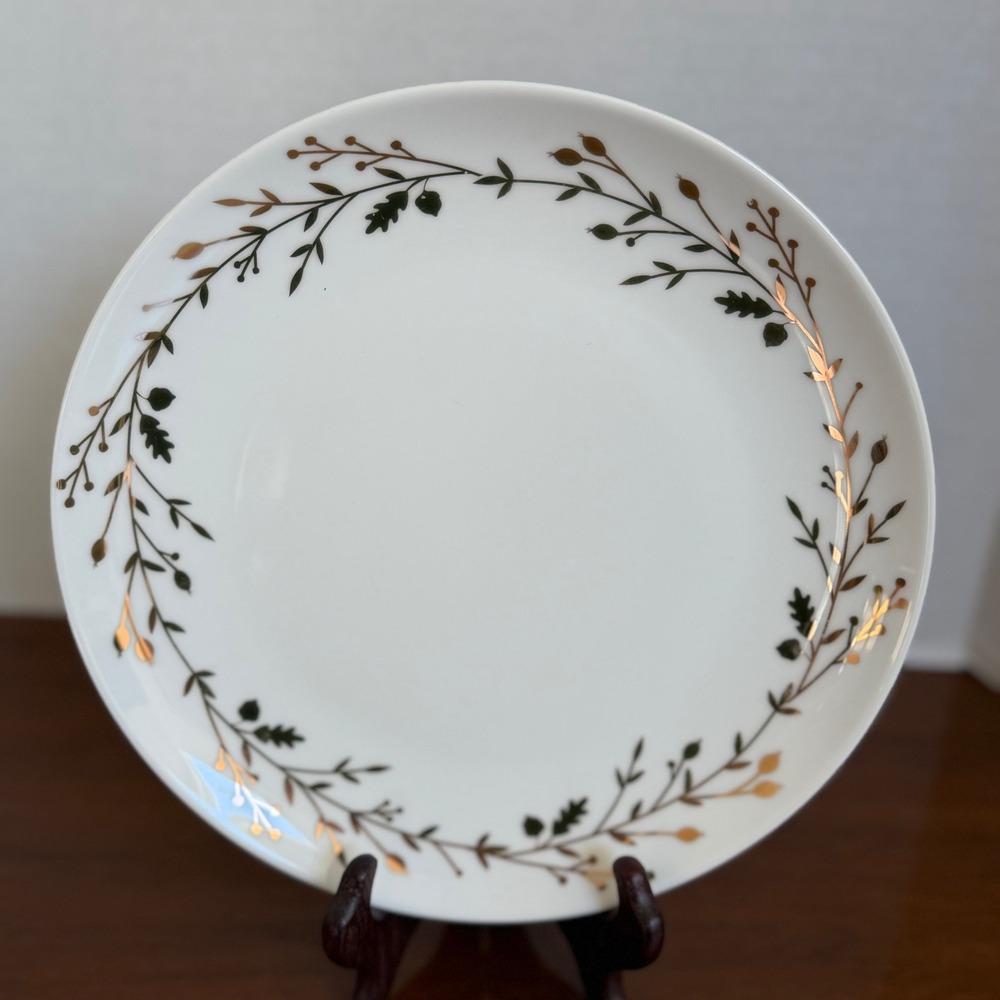 Pier 1 Imports Gilded Wreath Salad Plate Porcelain Gold Green Botanical 8 inch